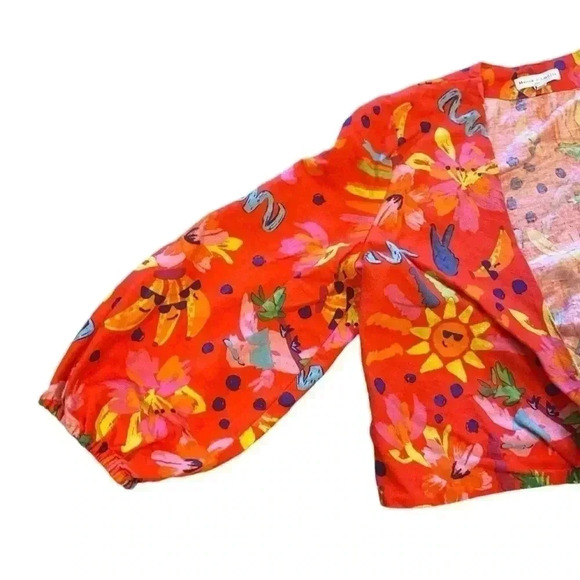 Maison d’Amelie Tropical Tie Front Linen Blend V-Neck 3/4 Sleeve Top Size Small - Picture 3 of 10